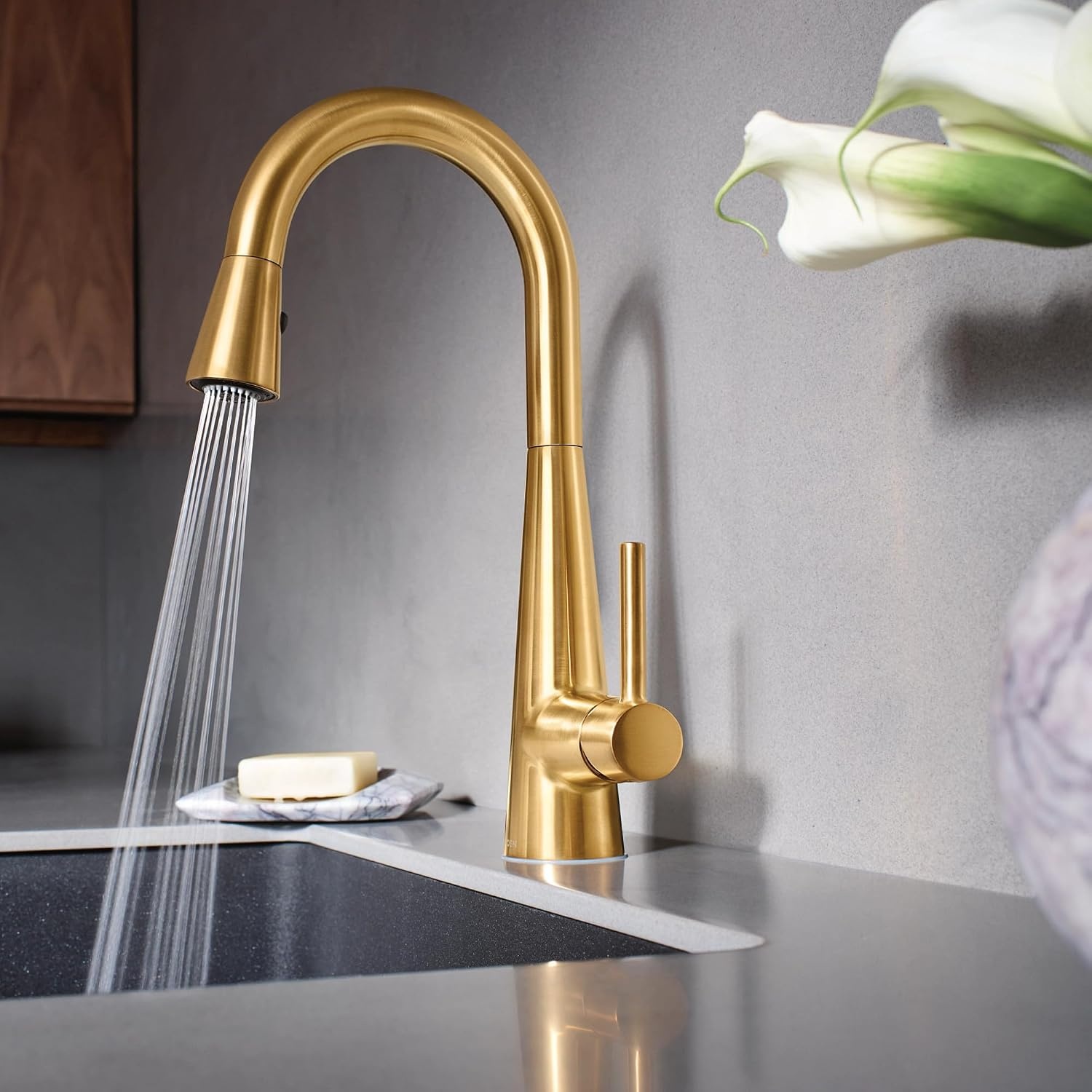 image:imageMoen Sleek Brushed Gold OneHandle High Arc Pulldown Modern Bar Faucet 7664BG