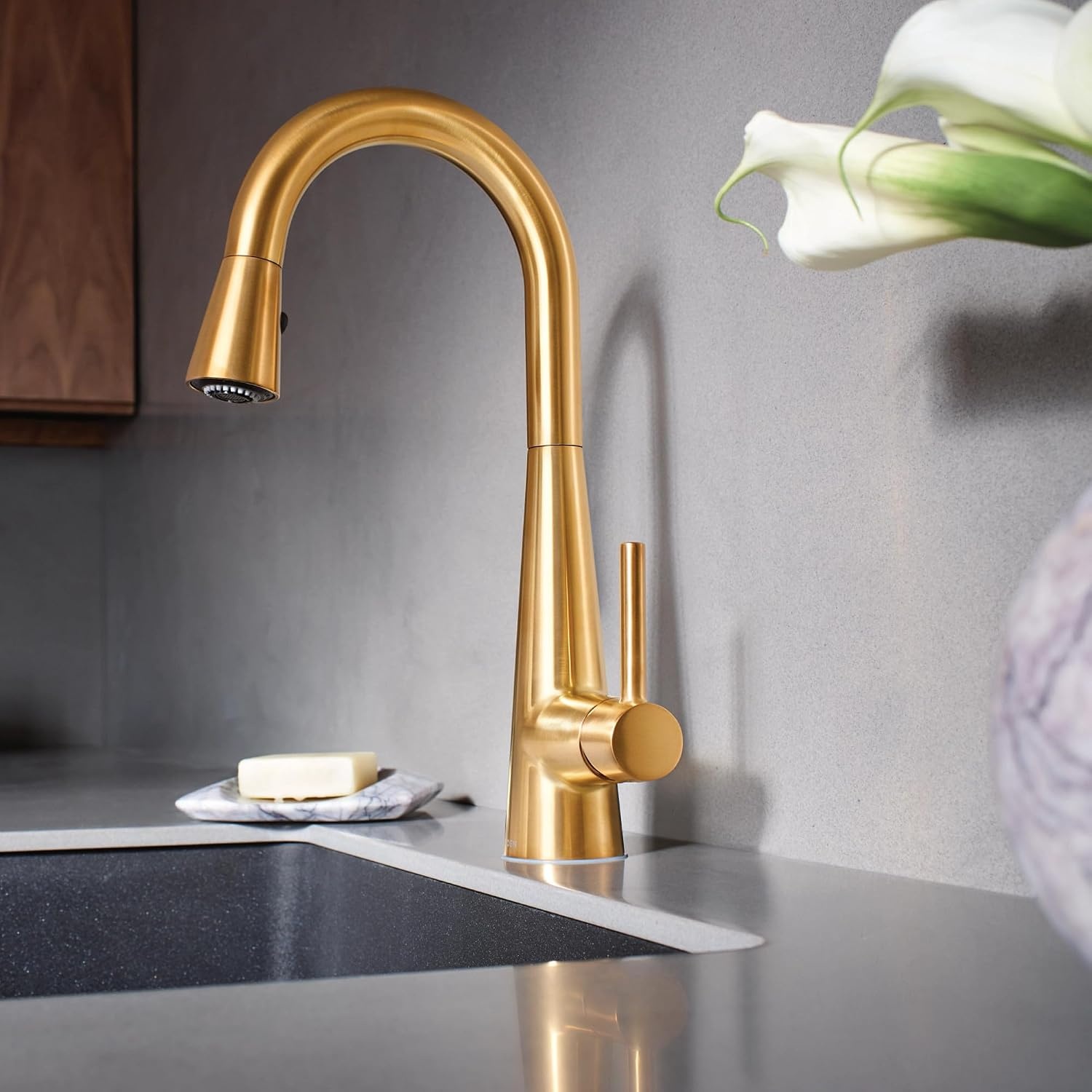 image:imageMoen Sleek Brushed Gold OneHandle High Arc Pulldown Modern Bar Faucet 7664BG