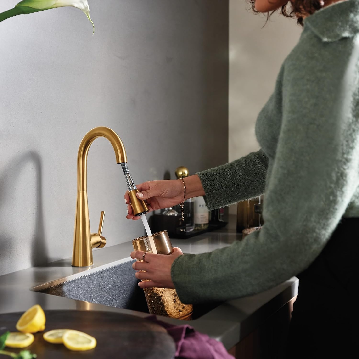 image:imageMoen Sleek Brushed Gold OneHandle High Arc Pulldown Modern Bar Faucet 7664BG