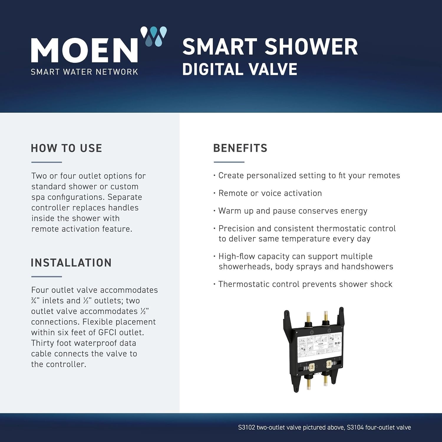 image:imageMoen Smart Water 2Outlet Digital Thermostatic Shower Valve Kit with Standard 12 Connections S3102Matte Black