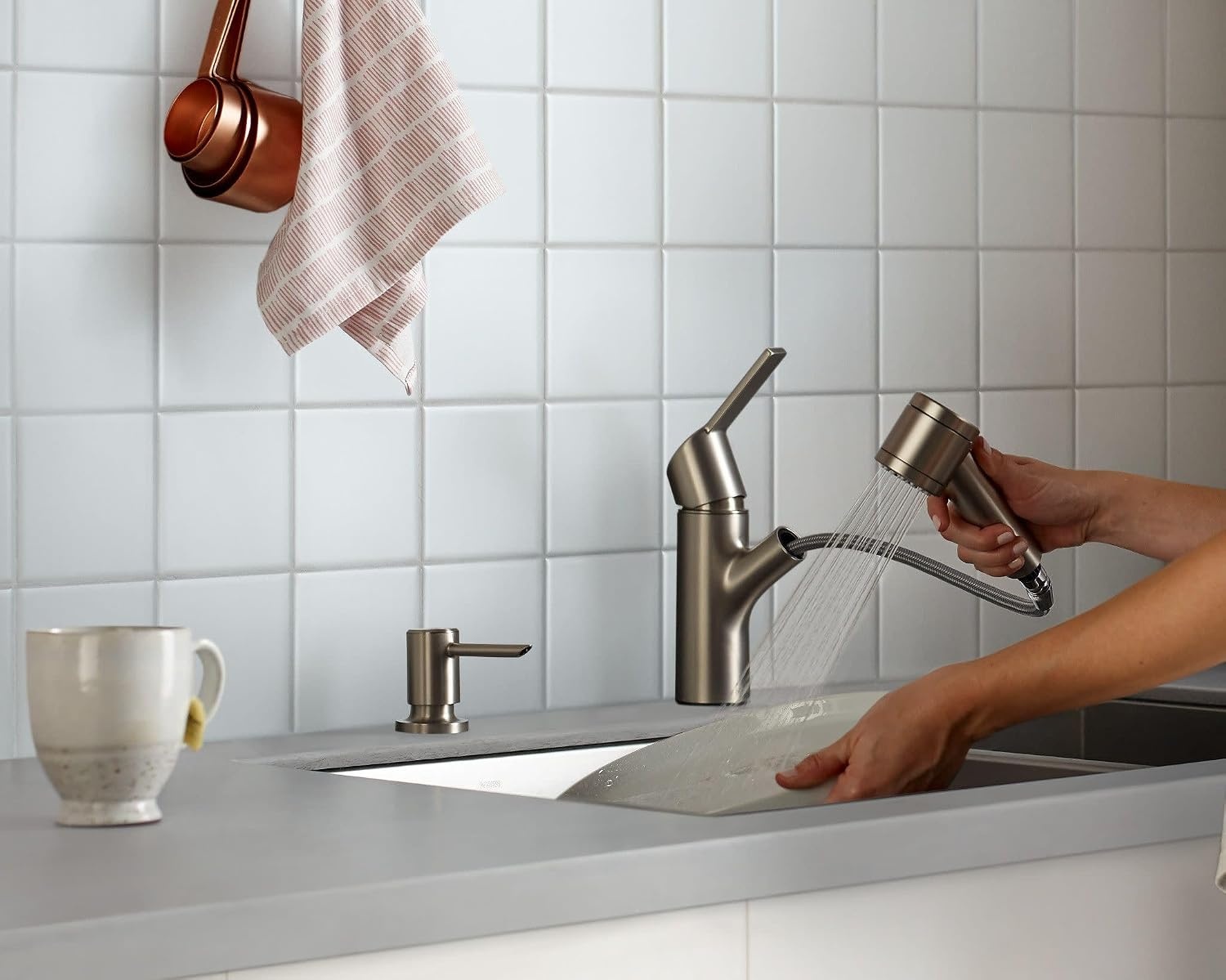 image:imageMoen Sombra Spot Resist Stainless SingleHandle PullOut Sprayer Kitchen Faucet with Soap Dispenser and Power Clean 87701SRS