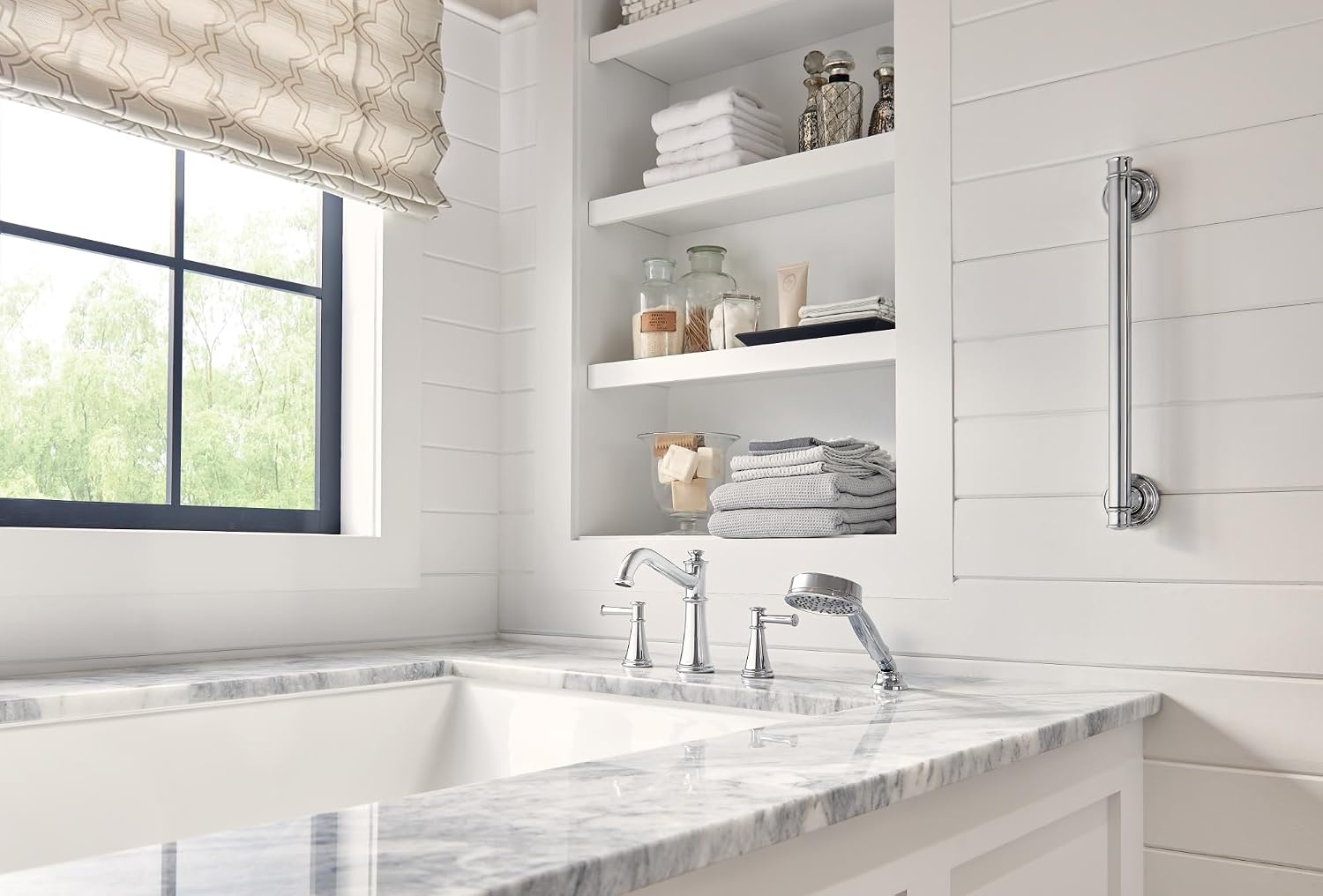 image:imageMoen T9024BN Belfield TwoHandle Deck Mounted Roman Tub Faucet and Hand Shower without Valve Brushed NickelPolished Nickel