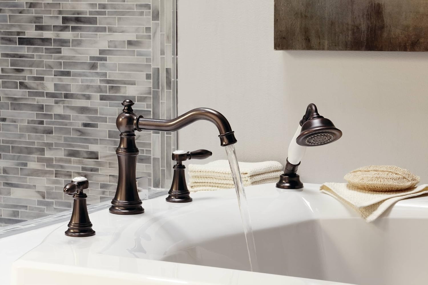 image:imageMoen Ts21104Bn Weymouth TwoHandle Roman Tub Faucet Trim Kit with Handshower Valve Required Brushed NickelChrome