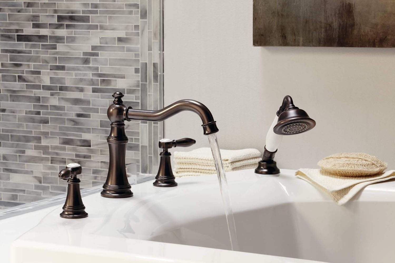 image:imageMoen Ts21104Bn Weymouth TwoHandle Roman Tub Faucet Trim Kit with Handshower Valve Required Brushed NickelMatte Black