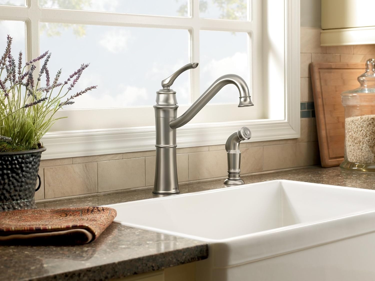 image:imageMoen Wetherly Mediterranean Bronze HighArc Kitchen Faucet with Side Spray 87999BRBMediterranean Bronze