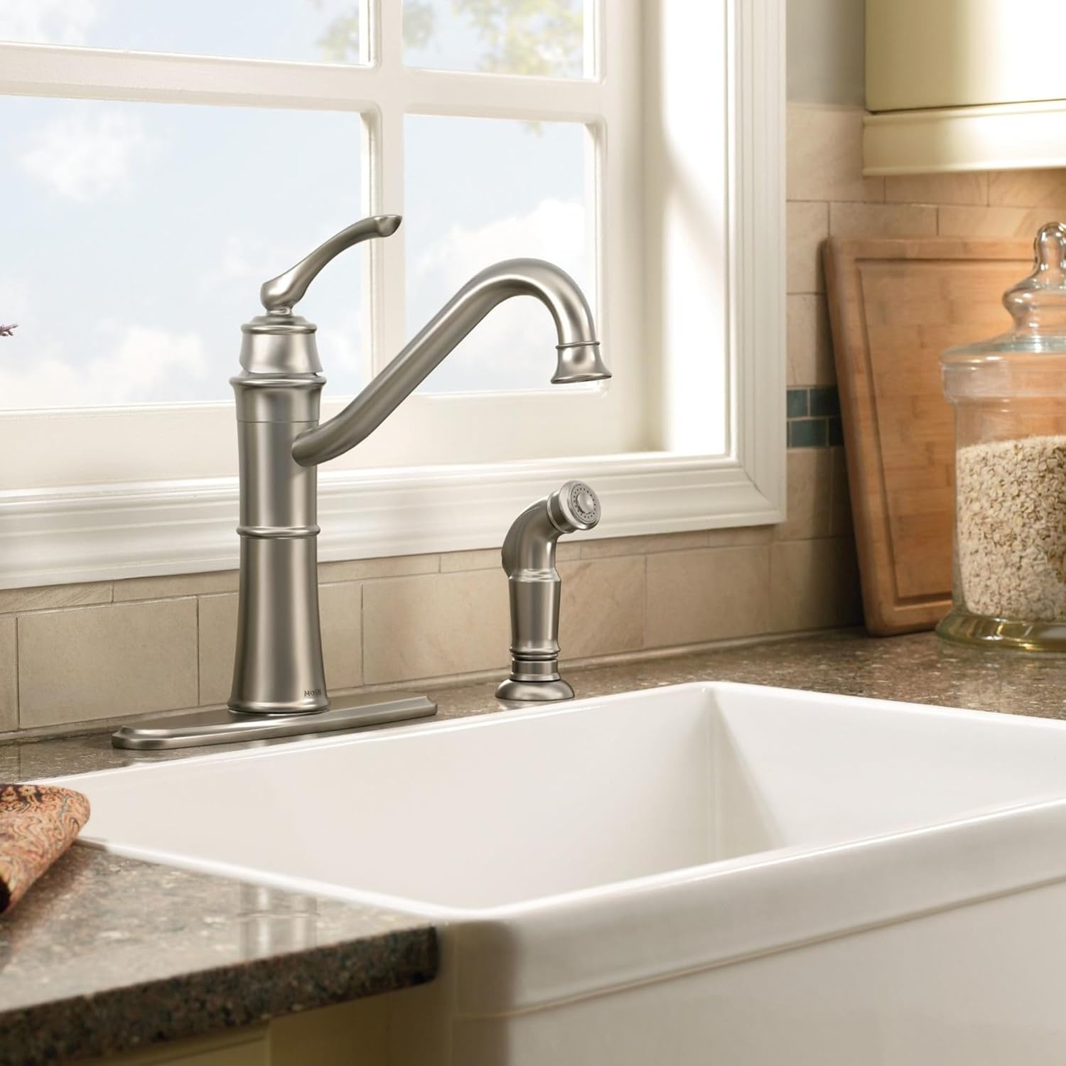image:imageMoen Wetherly Mediterranean Bronze HighArc Kitchen Faucet with Side Spray 87999BRBSpot Resist Stainless