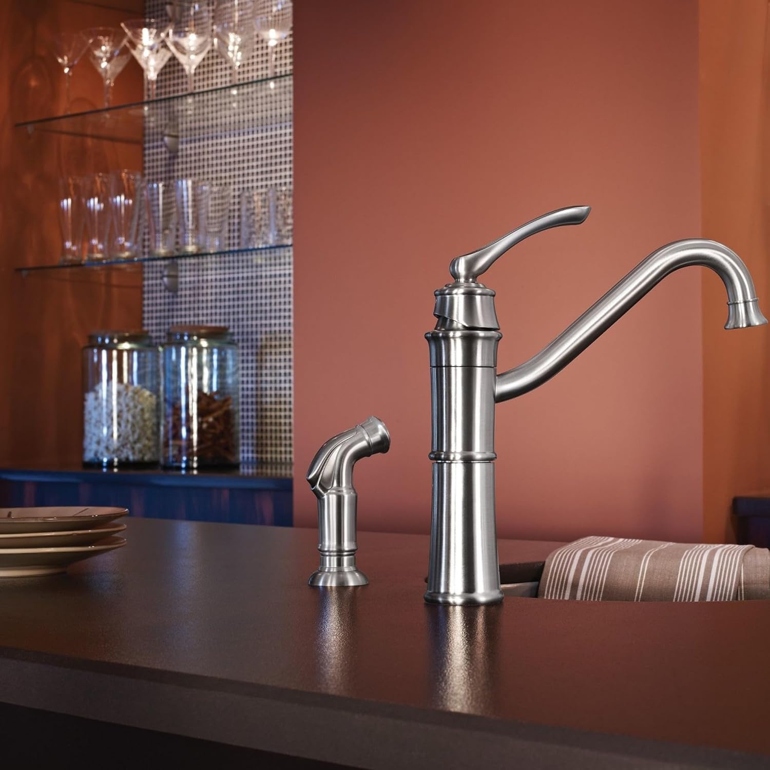 image:imageMoen Wetherly Mediterranean Bronze HighArc Kitchen Faucet with Side Spray 87999BRBSpot Resist Stainless