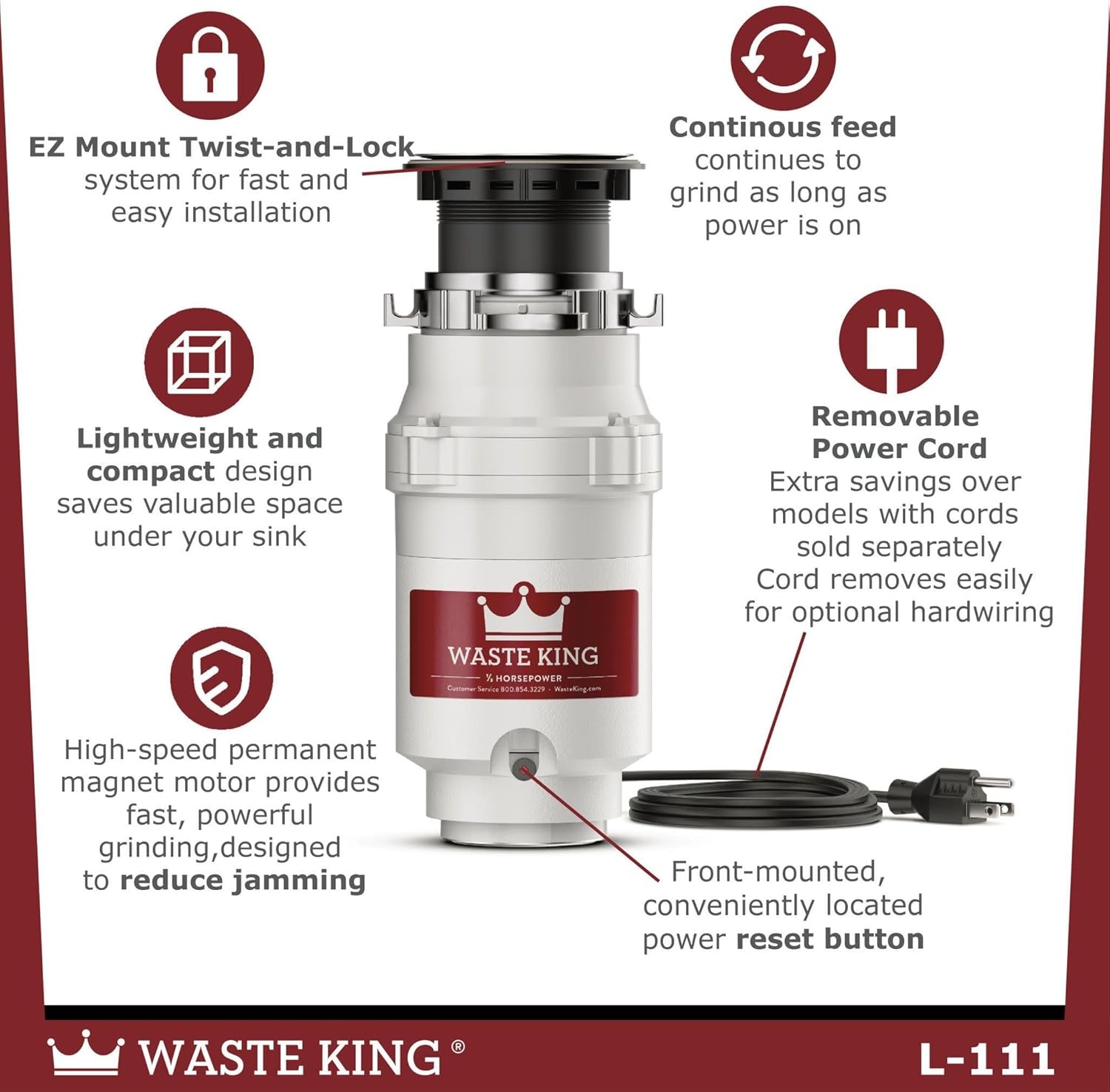image:imageWaste King Garbage Disposal for Kitchen Sink with Power Cord Compact Food Waste Disposer L11113 HP Continuous Feed
