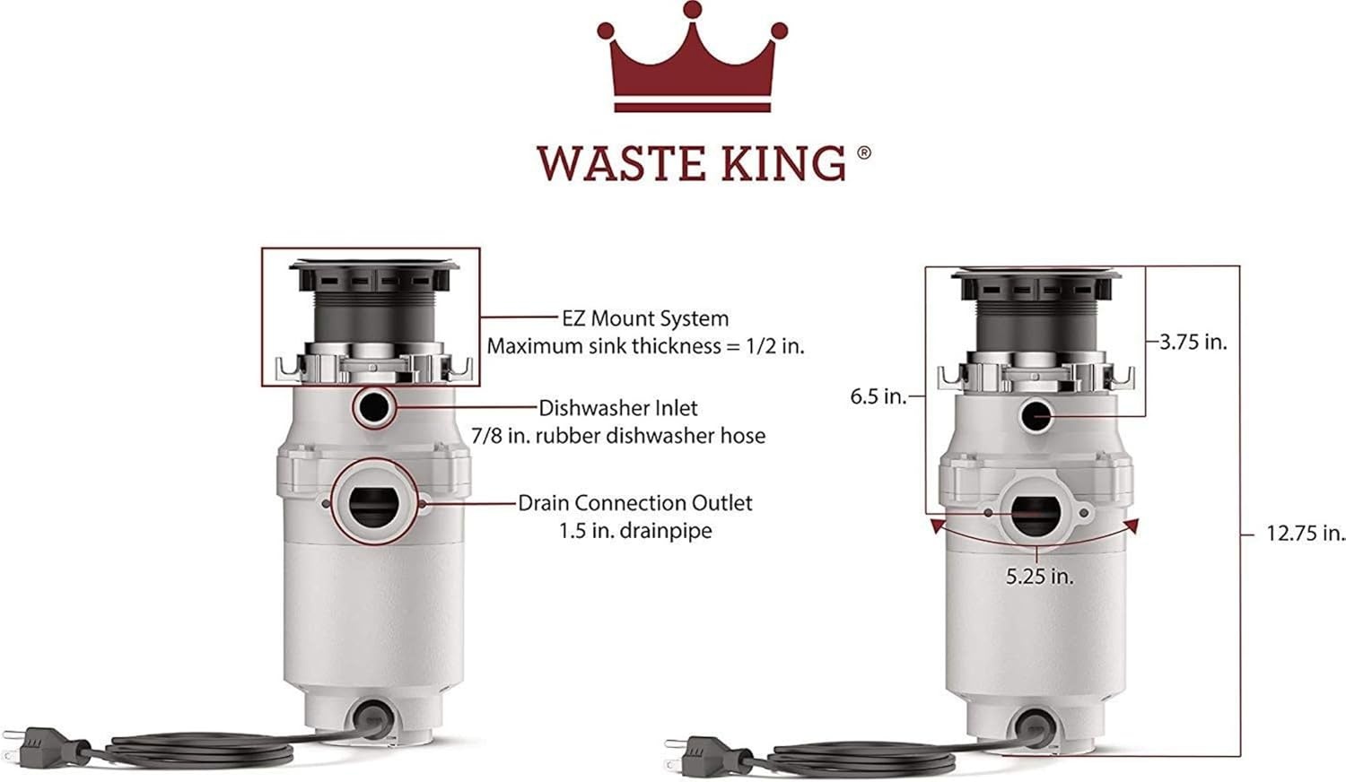 image:imageWaste King Garbage Disposal for Kitchen Sink with Power Cord Compact Food Waste Disposer L11113 HP Continuous Feed