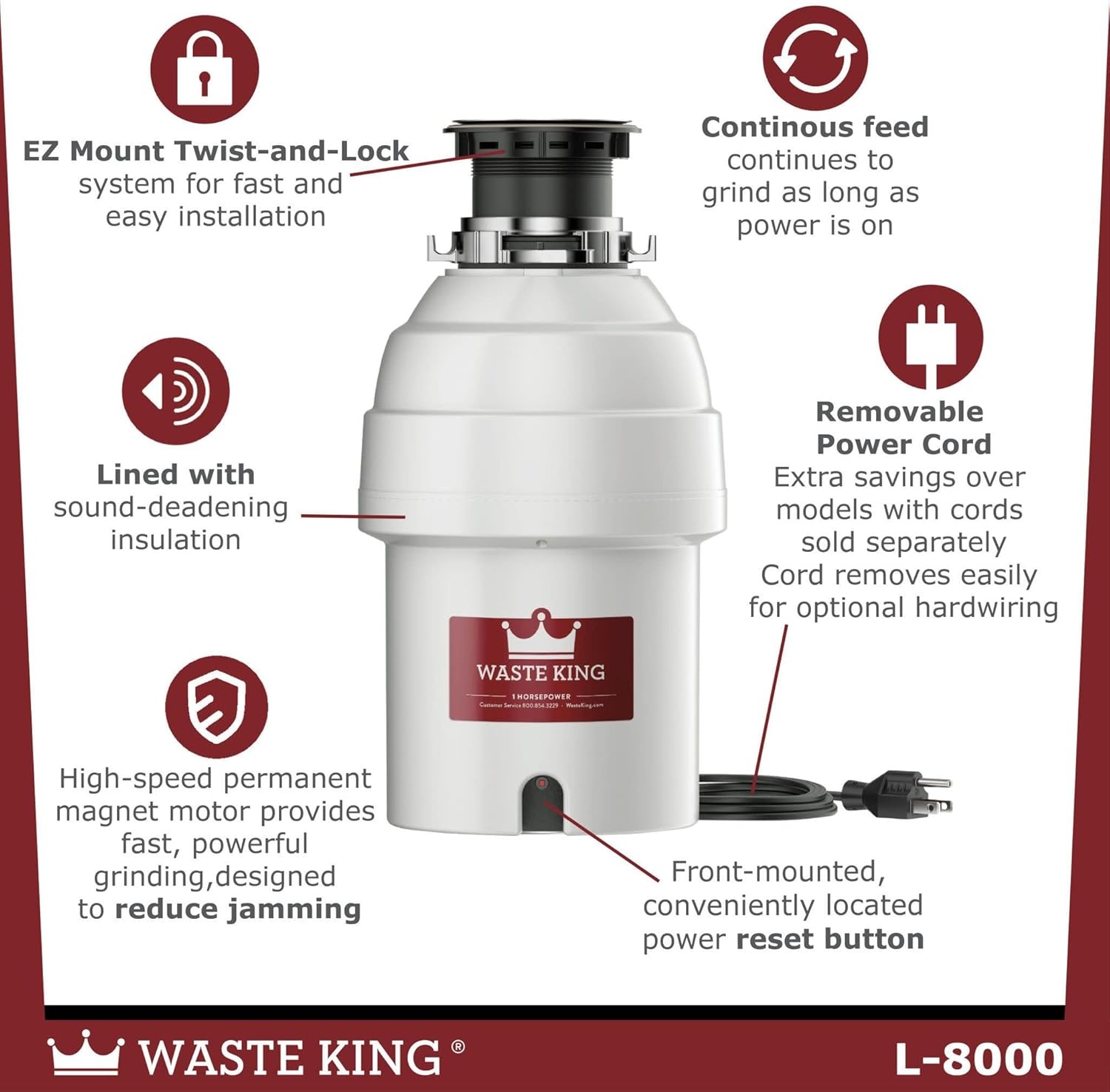image:imageWaste King Garbage Disposal for Kitchen Sink with Power Cord L10011 HP Continuous Feed