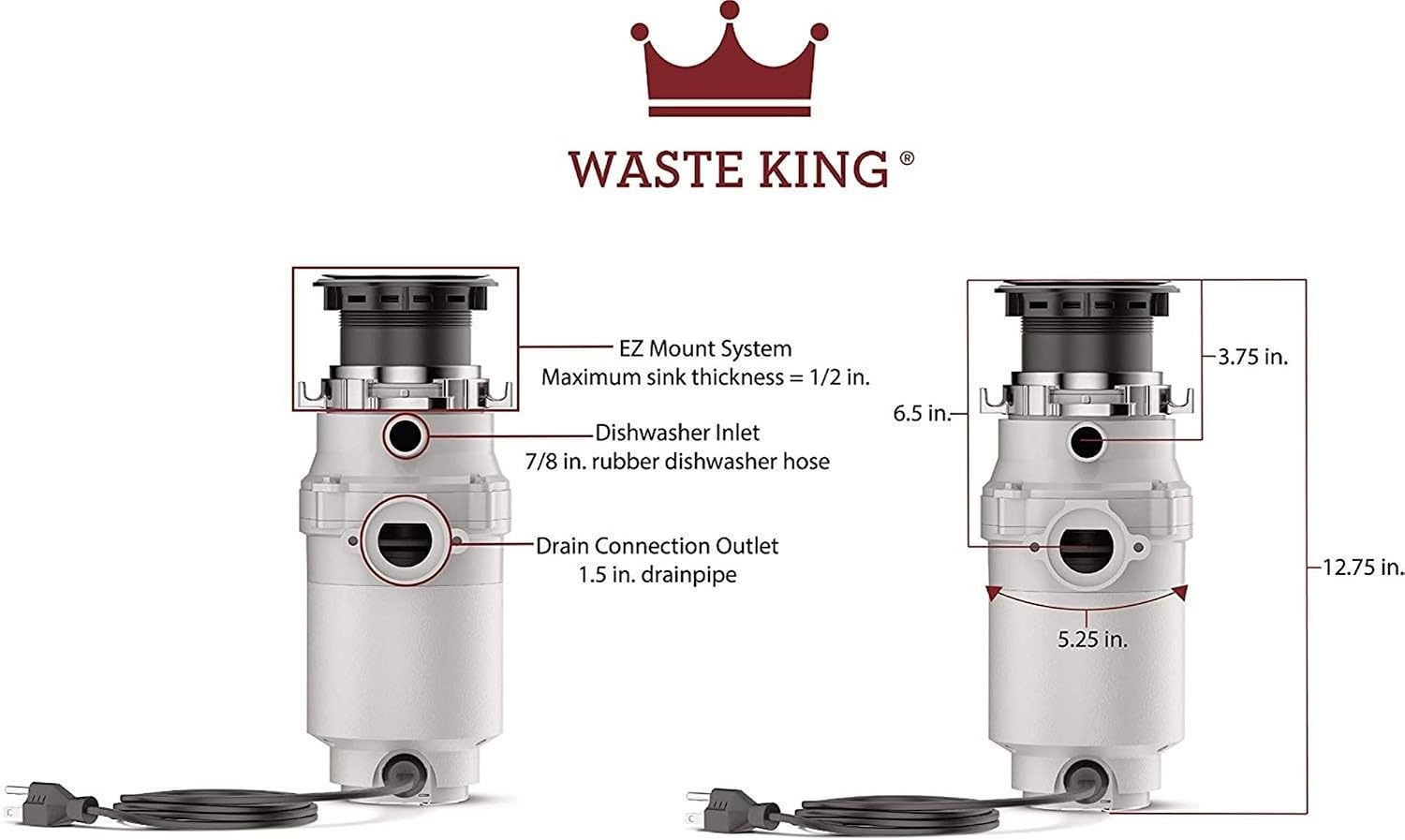 image:imageWaste King Garbage Disposal for Kitchen Sink with Power Cord L100112 HP Continuous Feed