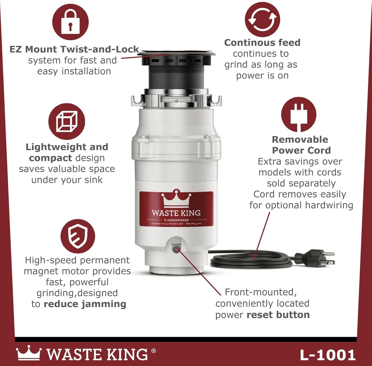 image:imageWaste King Garbage Disposal for Kitchen Sink with Power Cord L100112 HP Continuous Feed