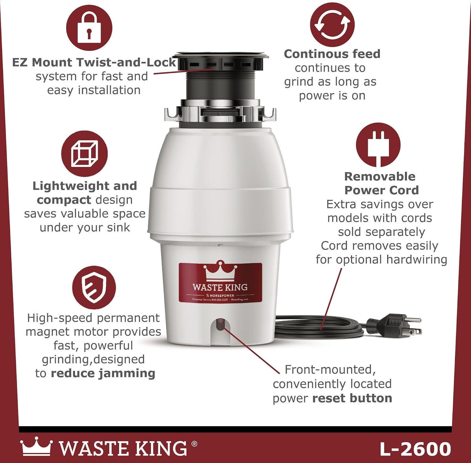 image:imageWaste King Garbage Disposal for Kitchen Sink with Power Cord L100112 HP Continuous Feed