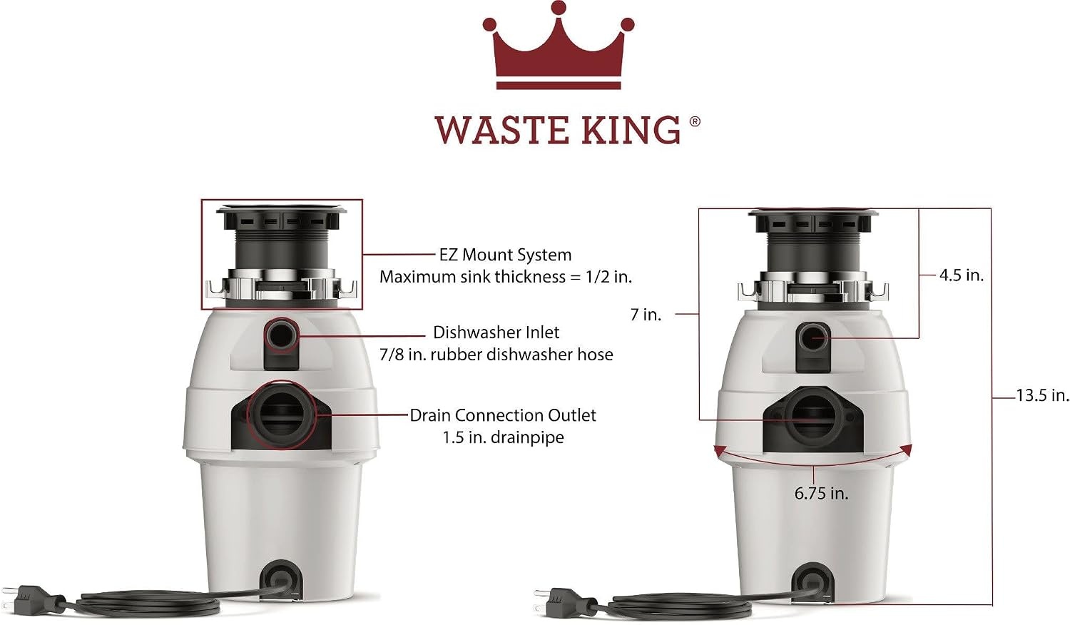 image:imageWaste King Garbage Disposal for Kitchen Sink with Power Cord L100112 HP Continuous Feed