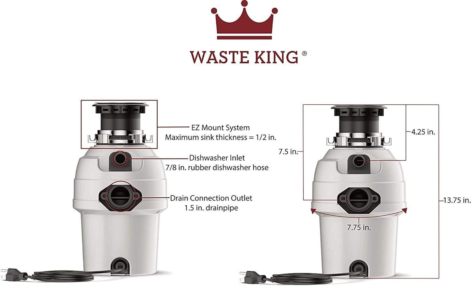 image:imageWaste King Garbage Disposal for Kitchen Sink with Power Cord L100134 HP Continuous Feed