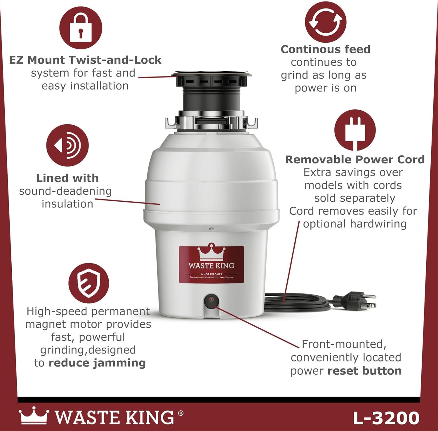 image:imageWaste King Garbage Disposal for Kitchen Sink with Power Cord L100134 HP Continuous Feed