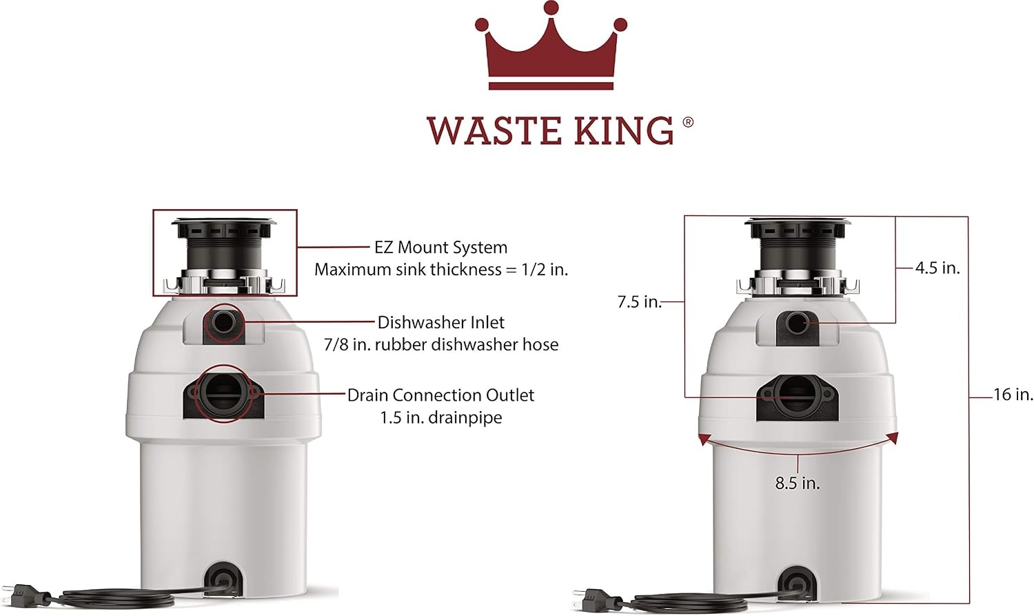 image:imageWaste King L1001 Garbage Disposal with Power Cord 12 HP amp L111 Garbage Disposal with Power Cord 13 HP Gray1 HP