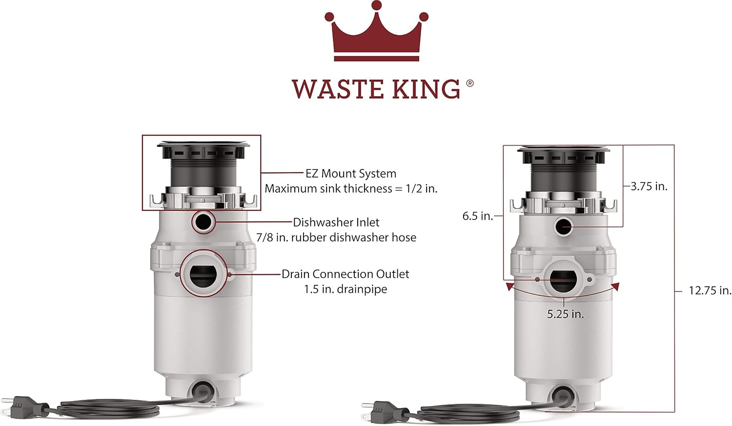 image:imageWaste King L1001 Garbage Disposal with Power Cord 12 HP amp L111 Garbage Disposal with Power Cord 13 HP Gray13 HP Continuous Feed