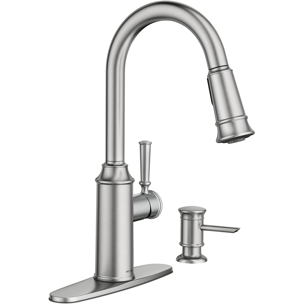 image:imageMoen 87731SRS Glenshire OneHandle High Arc Pulldown Kitchen Faucet with Soap Dispenser Spot Resist Stainless