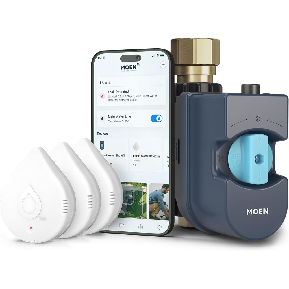 image:imageMoen 900002 Flo by Moen 114Inch Smart Water Shutoff with 920005 Flo by Moen Smart Water Detector 3PackShutoff Detector 3pack