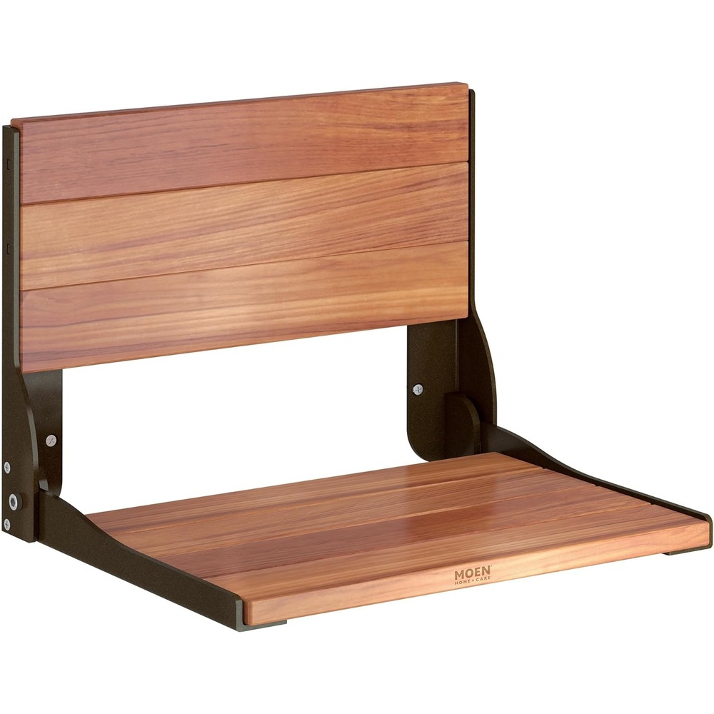 image:imageMoen DN7110 Home Care FoldDown Shower Chair Teak Wood Bench with Stainless Steel amp Aluminum Frame WallMounted ADA Compliant Supports up to 400 lbsOld World Bronze