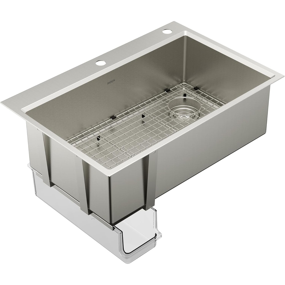 image:imageMoen GS161202R Luxe Chef Workstation System 33Inch Dual Mount Single Bowl Kitchen Sink Stainless SteelSingle Bowl
