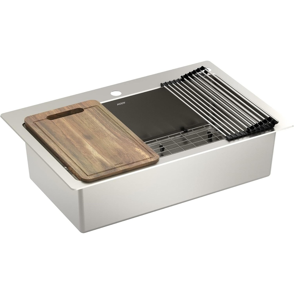 image:imageMoen Luxe Chef 18Gauge Stainless Steel Dual Mount 33 x 22 Single Bowl Workstation Sink Includes Cutting Board Flexible Drying Rack Colander Bottom Sink Grid and Drain GS181012BUXDual Mount