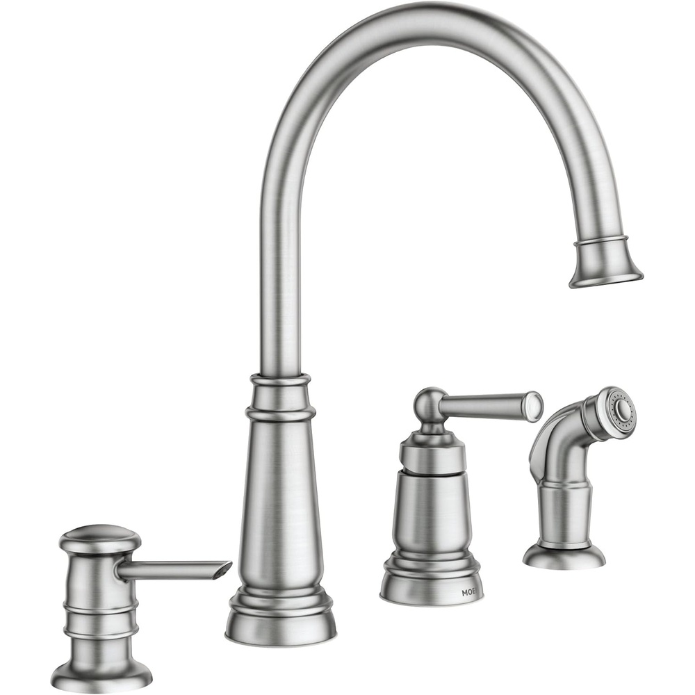 image:imageMoen Mediterranean Bronze OneHandle High Arc Widespread Kitchen Faucet 4Hole Setup with Soap Dispenser 87042BRBSpot Resist Stainless