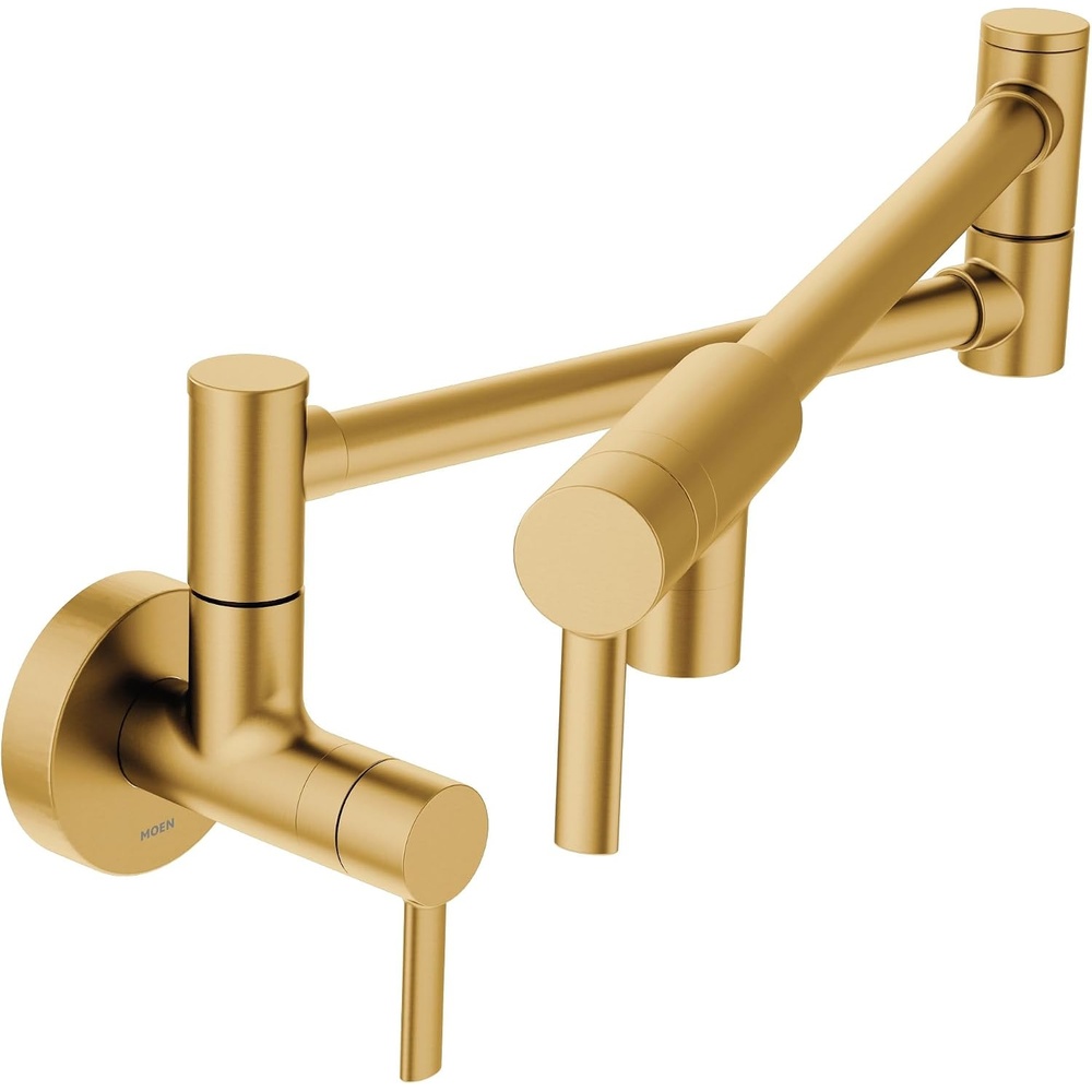 image:imageMoen Modern Spot Resist Stainless Wall Mount Swing Arm Folding Pot Filler Double Jointed Kitchen Faucet S665SRSBrushed Gold