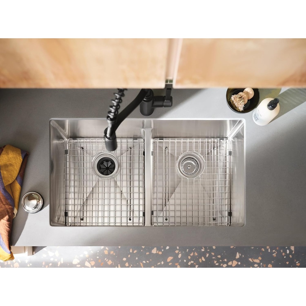 image:imageMoen Prep 18Gauge Stainless Steel Dual Mount Apron Front 33 x 22 x 9 Modern Single Bowl Kitchen Sink with Bottom Grid Included GS181092BLow Divide