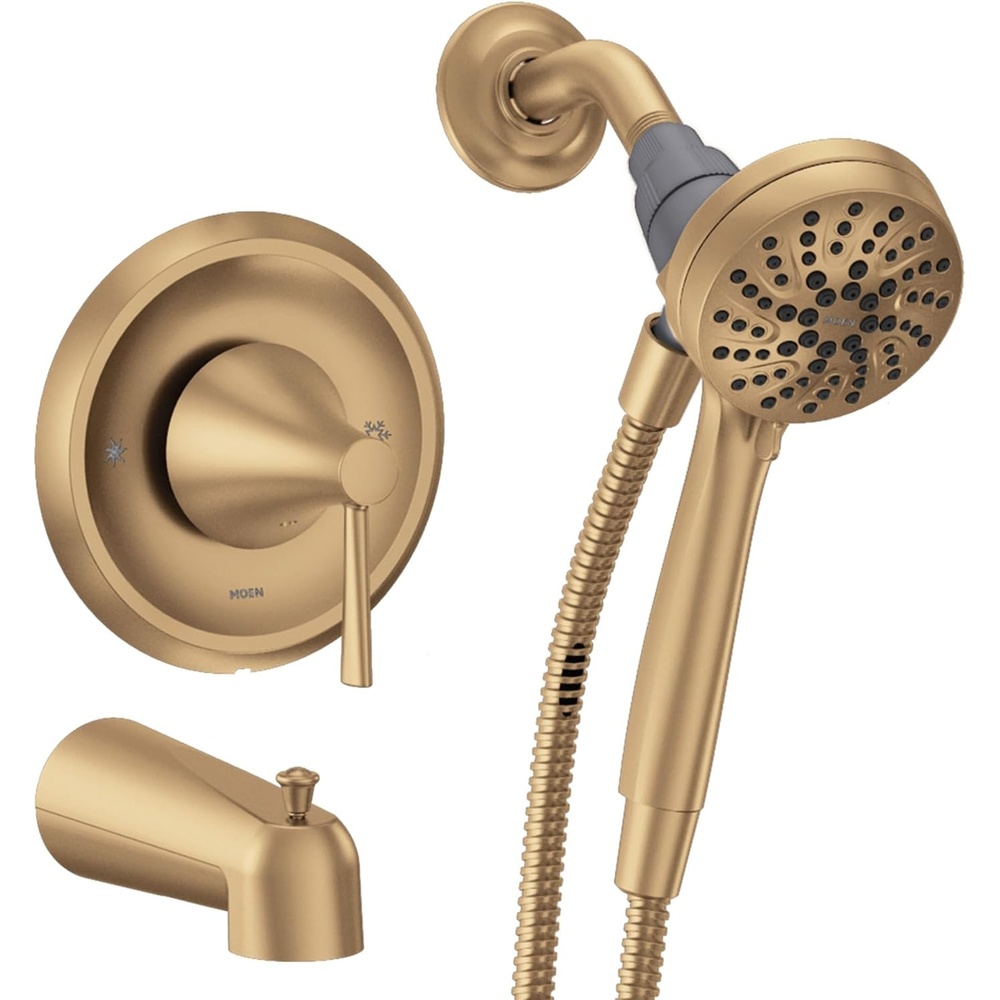 image:imageMoen Ronan Spot Resist Brushed Nickel SingleHandle Modern Tub and Shower Faucet with Round Handheld Rain Shower Spray Head Featuring Magnetix Valve Included 82021SRNBronzed Gold