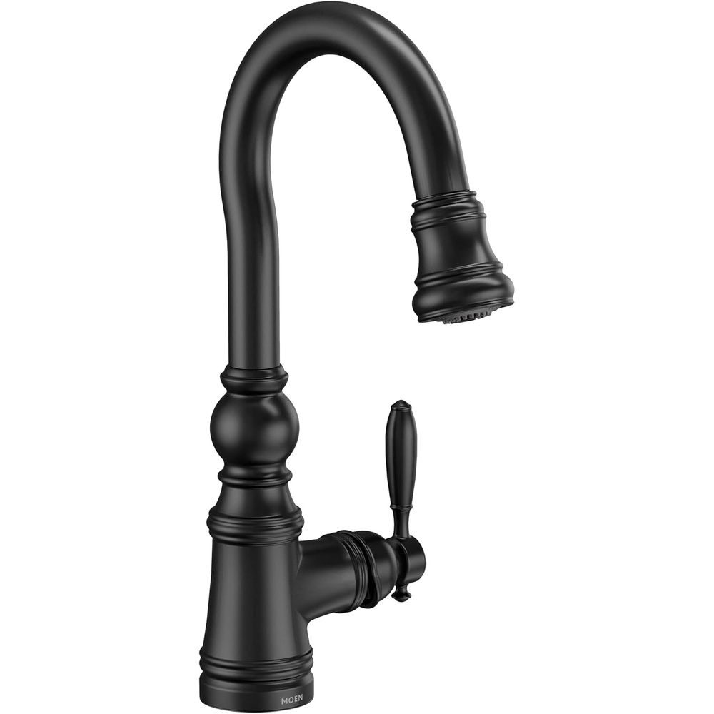 image:imageMoen S53004SRS Weymouth Shepherds Hook Pulldown Kitchen Bar Faucet Featuring Metal Wand with Power Clean Spot Resist StainlessMatte Black