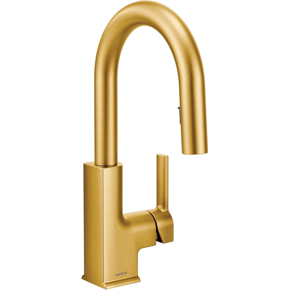 image:imageMoen S62308BG STo OneHandle High Arc Pulldown Modern Bar Faucet with Power Clean Brushed Gold