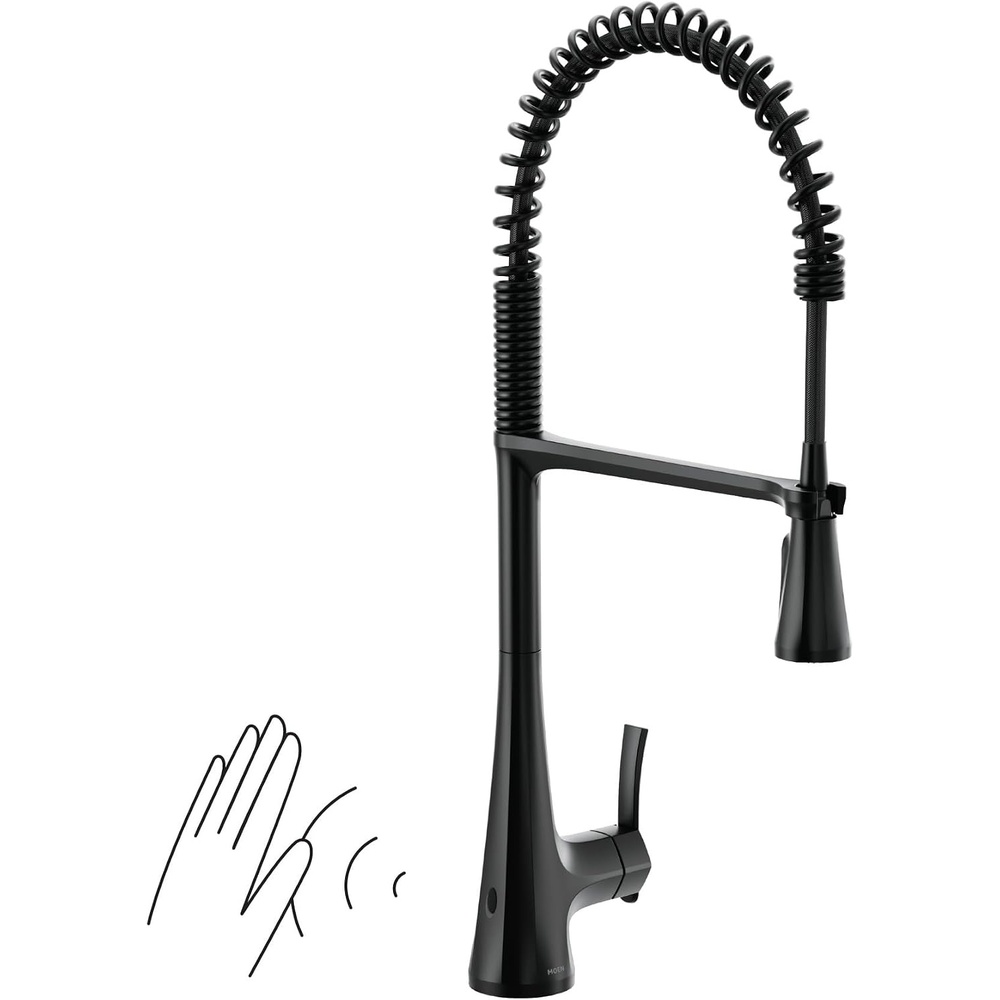 image:imageMoen Sinema Matte Black Touchless High Arc Pulldown Kitchen Faucet with Sprayer Wave Motion Sensor Accent Handle Included S5235EWBL