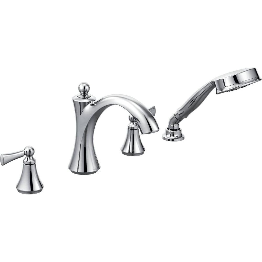 image:imageMoen T654BN Wynford TwoHandle Diverter Roman Tub Faucet Includes Hand Shower without Valve Brushed NickelChrome