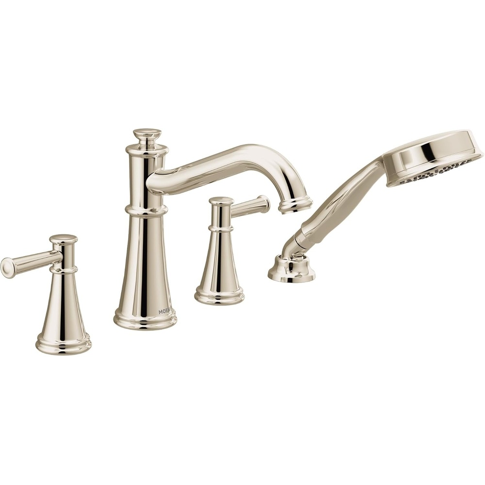 image:imageMoen T9024BN Belfield TwoHandle Deck Mounted Roman Tub Faucet and Hand Shower without Valve Brushed NickelPolished Nickel