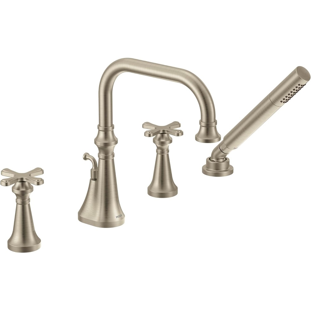 image:imageMoen TS44506 Colinet Two Handle DeckMount Roman Tub Faucet Trim with Cross Handles and Handshower Valve Required ChromeBrushed Nickel