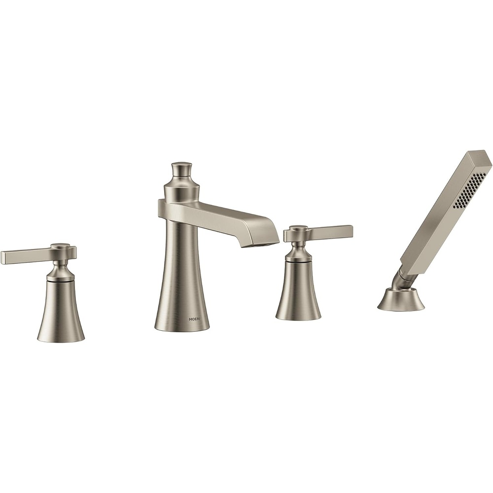 image:imageMoen TS928BN Flara 2Handle Deck Mount Lever Handle Roman Tub Faucet Trim Kit Valve Required Including Single Function Handshower Brushed Nickel