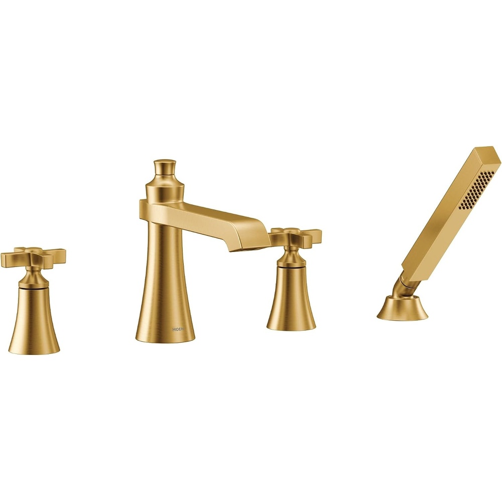 image:imageMoen TS929BG Flara 2Handle Deck Mount Cross Handle Roman Tub Faucet Trim Kit Valve Required Including Single Function Handshower Brushed Gold