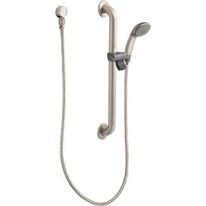 Moen 52224GBM15CBN Commercial M-Dura 24-Inch Slide Bar/Grab Bar with Hand Shower, 1-1/2-Inch x 24-Inch, 1.5-gpm, Classic Brushed Nickel/Stainless