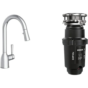 Moen 87233 Adler Chrome One-Handle High Arc Kitchen Sink Faucet with Pull Down Sprayer, Bundle with Moen GXP33C Lite Series PRO Black 1/3 HP Continuous Feed Garbage Disposal(1/3 HP)