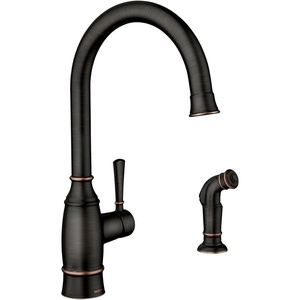 Moen Noell 1-Handle Kitchen Faucet with Side Sprayer, 87506BRB | Single-handle faucet, Side sprayer included, Deck-mounted installation, Mediterranean bronze finish, Kitchen sink faucet