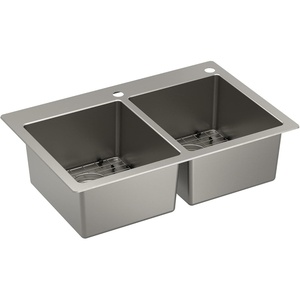 Moen Prep 18-Gauge Stainless Steel Dual Mount Apron Front 33″ x 22″ x 9″ Modern Single Bowl Kitchen Sink with Bottom Grid Included, GS181092B(Double Bowl)