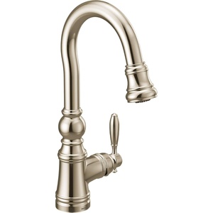 Moen S53004SRS Weymouth Shepherd’s Hook Pulldown Kitchen Bar Faucet Featuring Metal Wand with Power Clean, Spot Resist Stainless(Polished Nickel)