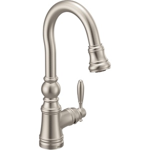 Moen S53004SRS Weymouth Shepherd’s Hook Pulldown Kitchen Bar Faucet Featuring Metal Wand with Power Clean, Spot Resist Stainless(Spot Resist Stainless)