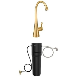 Moen Sip Brushed Gold Beverage Faucet with High Arc Rotating Spout Plus Advanced Carbon Water Filtration System for Cleaner Drinking Water, S5520BG + F9800