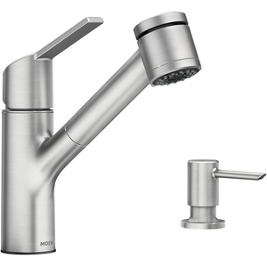 Moen Sombra Spot Resist Stainless Single-Handle Pull-Out Sprayer Kitchen Faucet with Soap Dispenser and Power Clean, 87701SRS