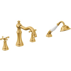 Moen TS21102BG Weymouth Roman Tub Faucet Trim with Cross Handles, Valve Required, Brushed Gold