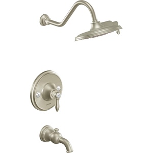 Moen TS32104EP Weymouth Posi-Temp Tub and Shower Trim Kit, Valve Required, including 9-Inch 2-Spray Eco-Performance Rainshower, Chrome(Brushed Nickel)