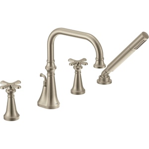Moen TS44506 Colinet Two Handle Deck-Mount Roman Tub Faucet Trim with Cross Handles and Handshower, Valve Required, Chrome(Brushed Nickel)